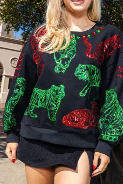 Online Queen Of Sparkles , Green & Red Tiger Sweatshirt Black
