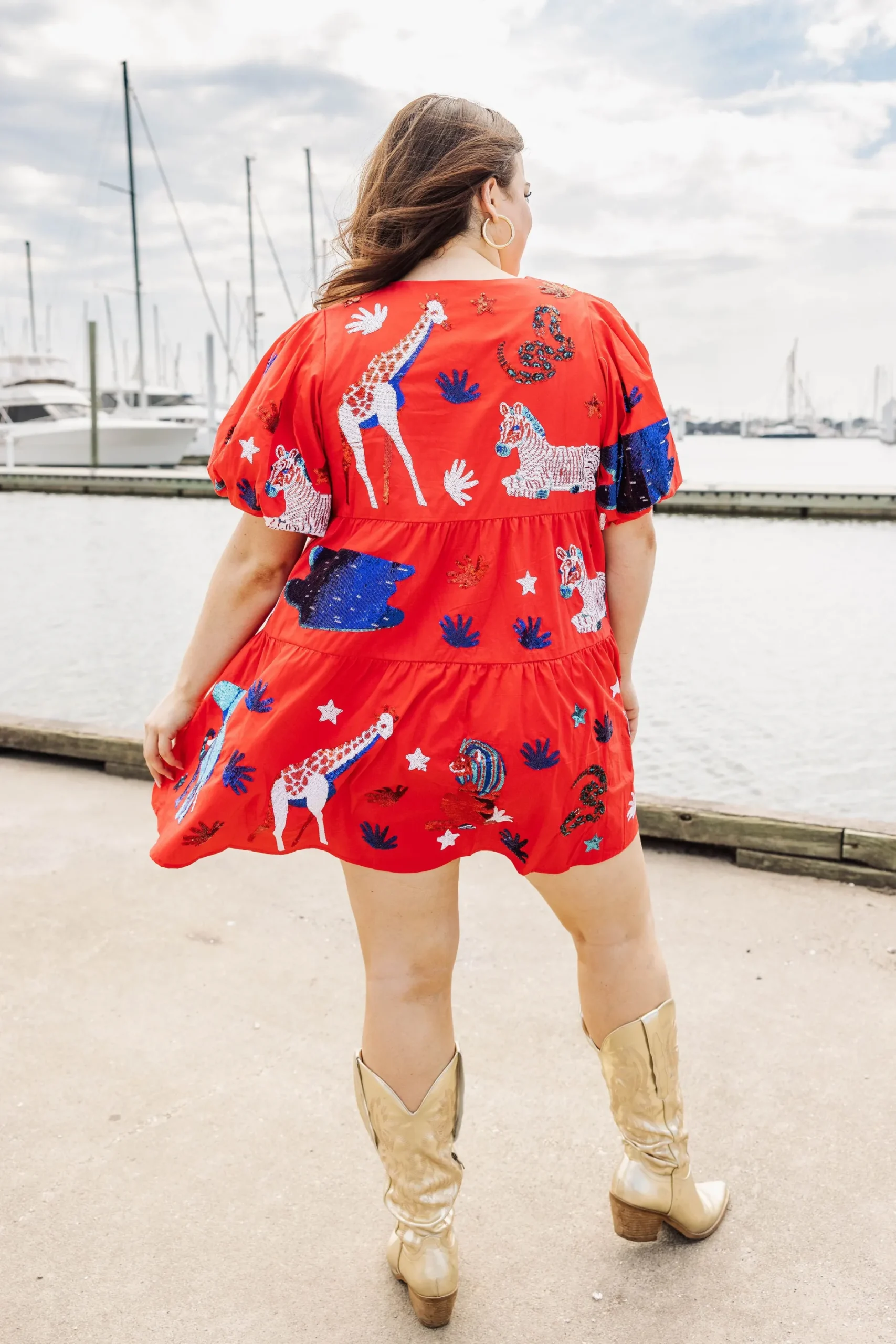 Cheap Queen Of Sparkles , White, And Blue Animal Poof Sleeve Dress Red