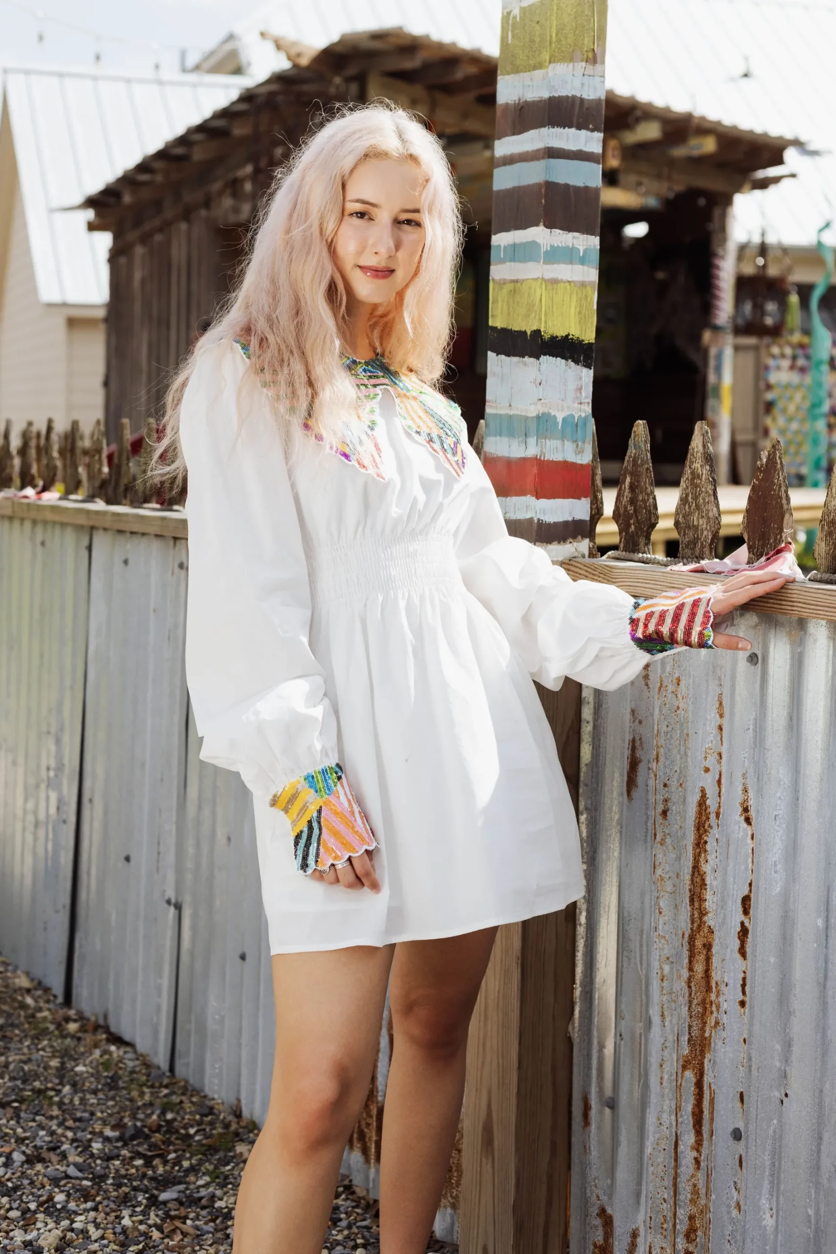 Clearance Queen Of Sparkles Abstract Sequin Collar Cotton Dress White