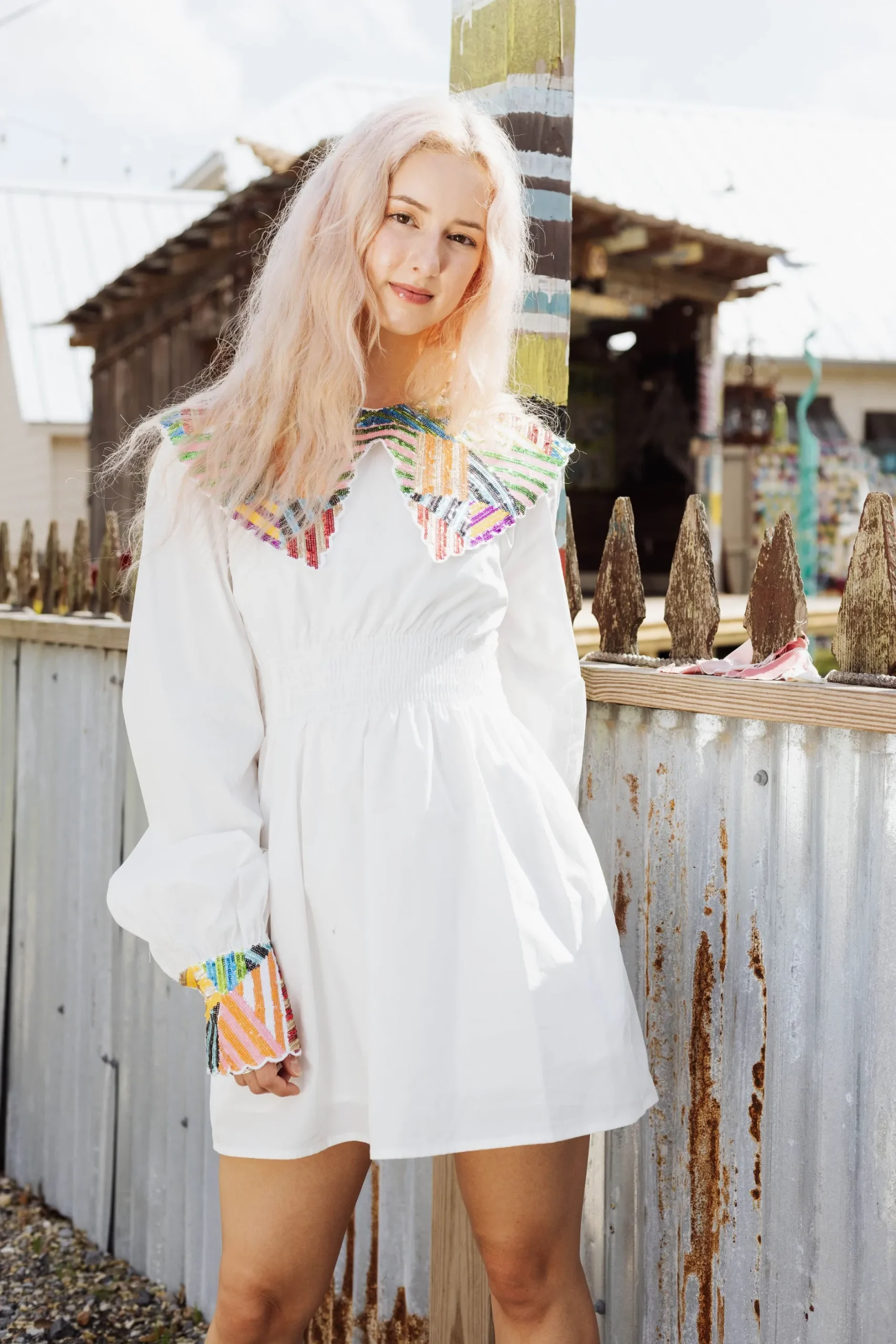 Clearance Queen Of Sparkles Abstract Sequin Collar Cotton Dress White