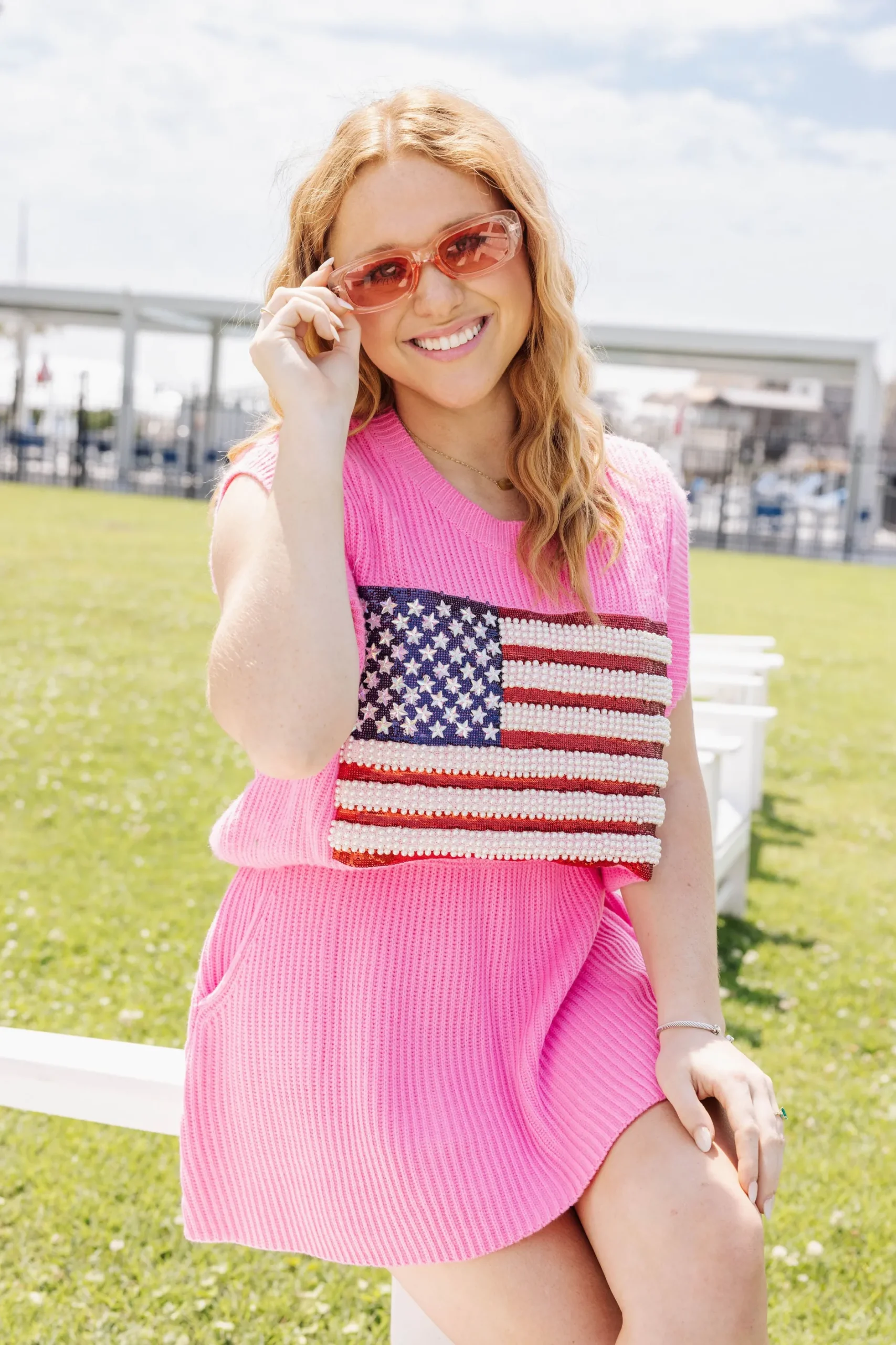 Discount Queen Of Sparkles American Flag Sweater Tank Neon Pink