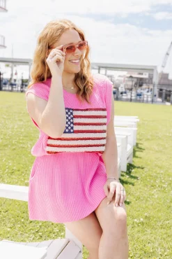 Discount Queen Of Sparkles American Flag Sweater Tank Neon Pink