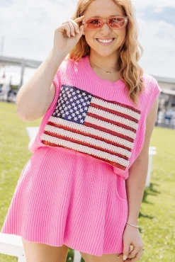Discount Queen Of Sparkles American Flag Sweater Tank Neon Pink