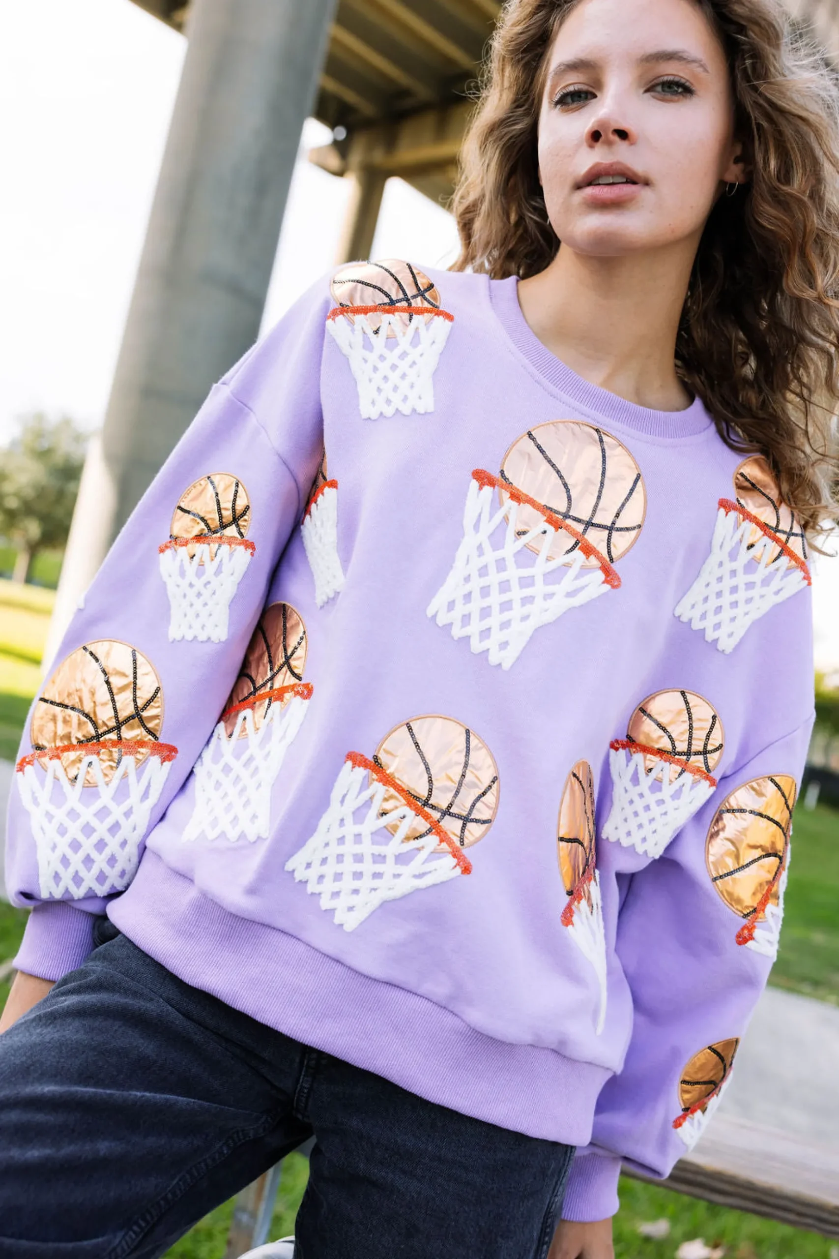 Discount Queen Of Sparkles Basketball Hoop Sweatshirt Lavender