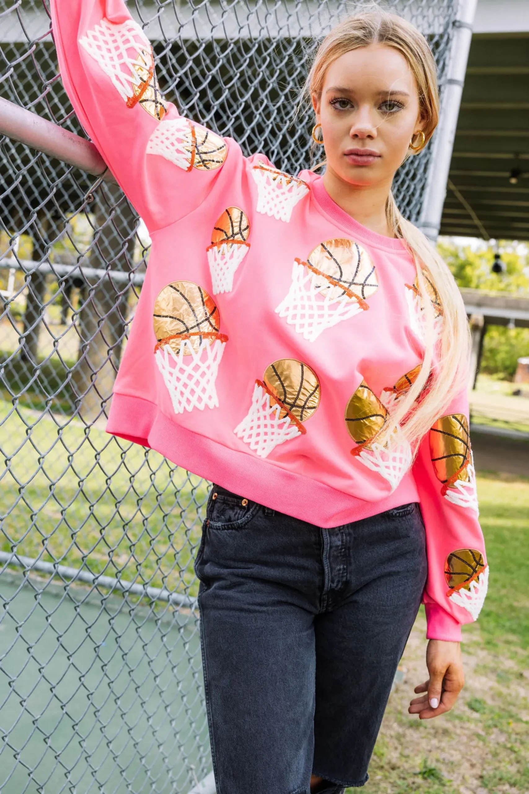 Best Sale Queen Of Sparkles Basketball Hoop Sweatshirt Neon Pink