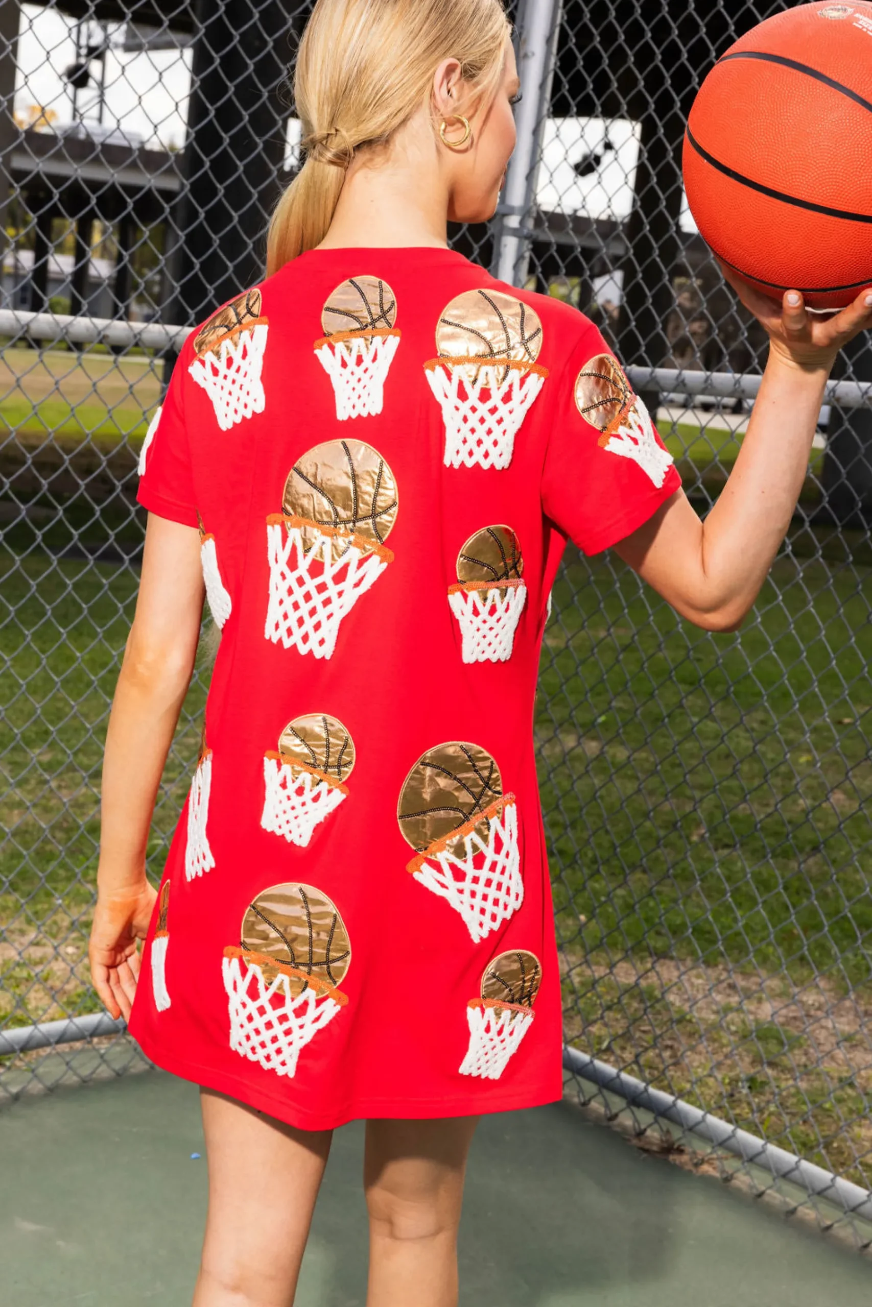 Best Sale Queen Of Sparkles Basketball Hoop Tee Dress Red