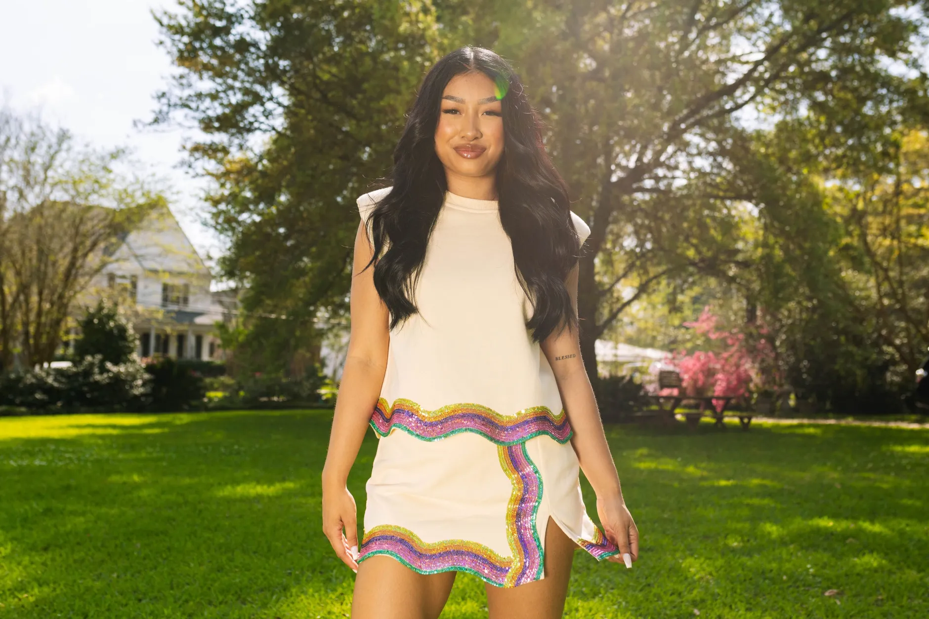 Shop Queen Of Sparkles Beige Rainbow Wavy Skort