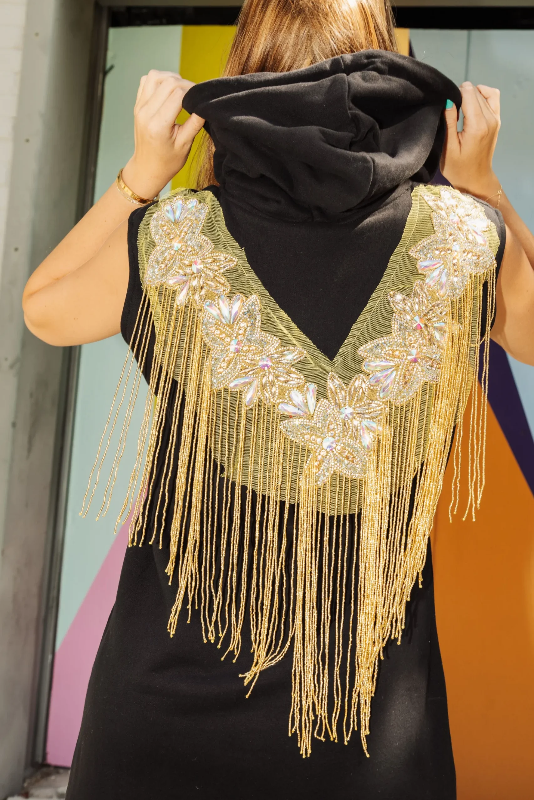 Hot Queen Of Sparkles Black & Gold Bead Fringe Hoodie Dress Black/Gold