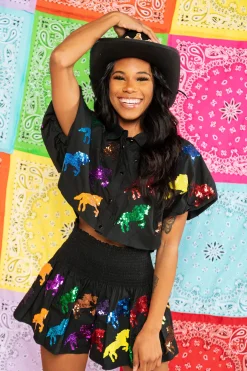 Cheap Queen Of Sparkles Black & Rainbow Horse Cotton Short