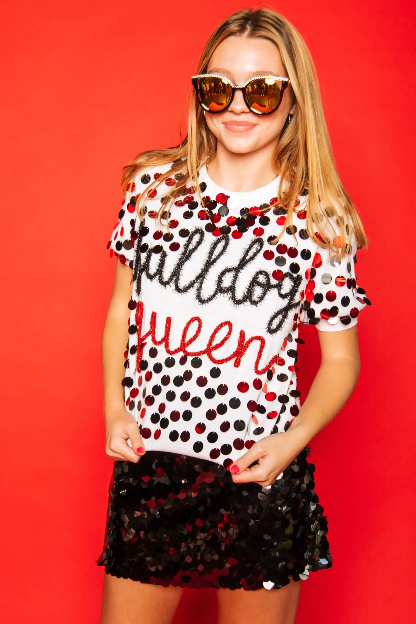 Cheap Queen Of Sparkles Black & Red Dog Queen Paillette Sweater