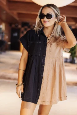 Hot Queen Of Sparkles Black & Tan Gauze Button Down Dress