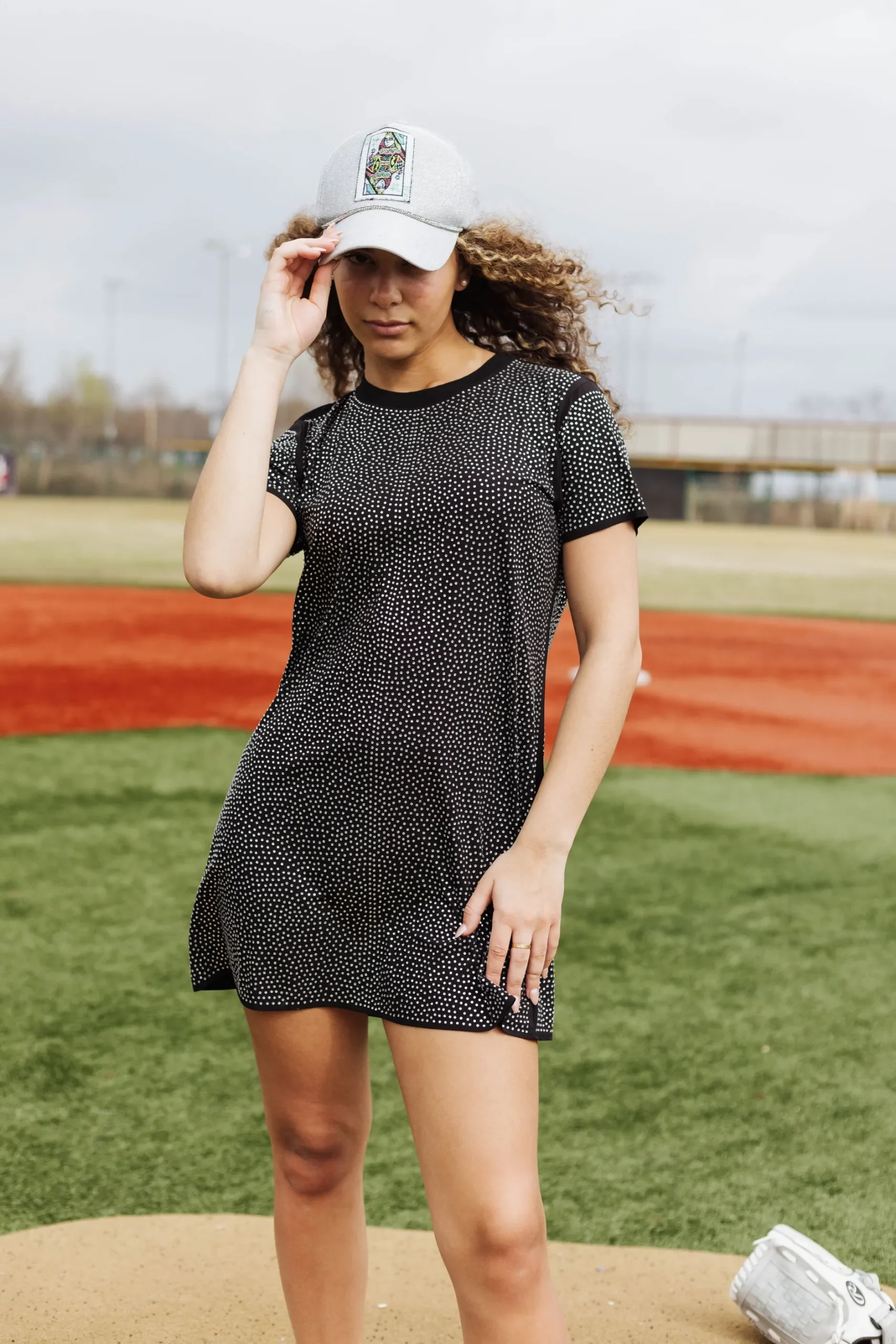 Cheap Queen Of Sparkles Black Active Rhinestone Tee Dress Sp231344