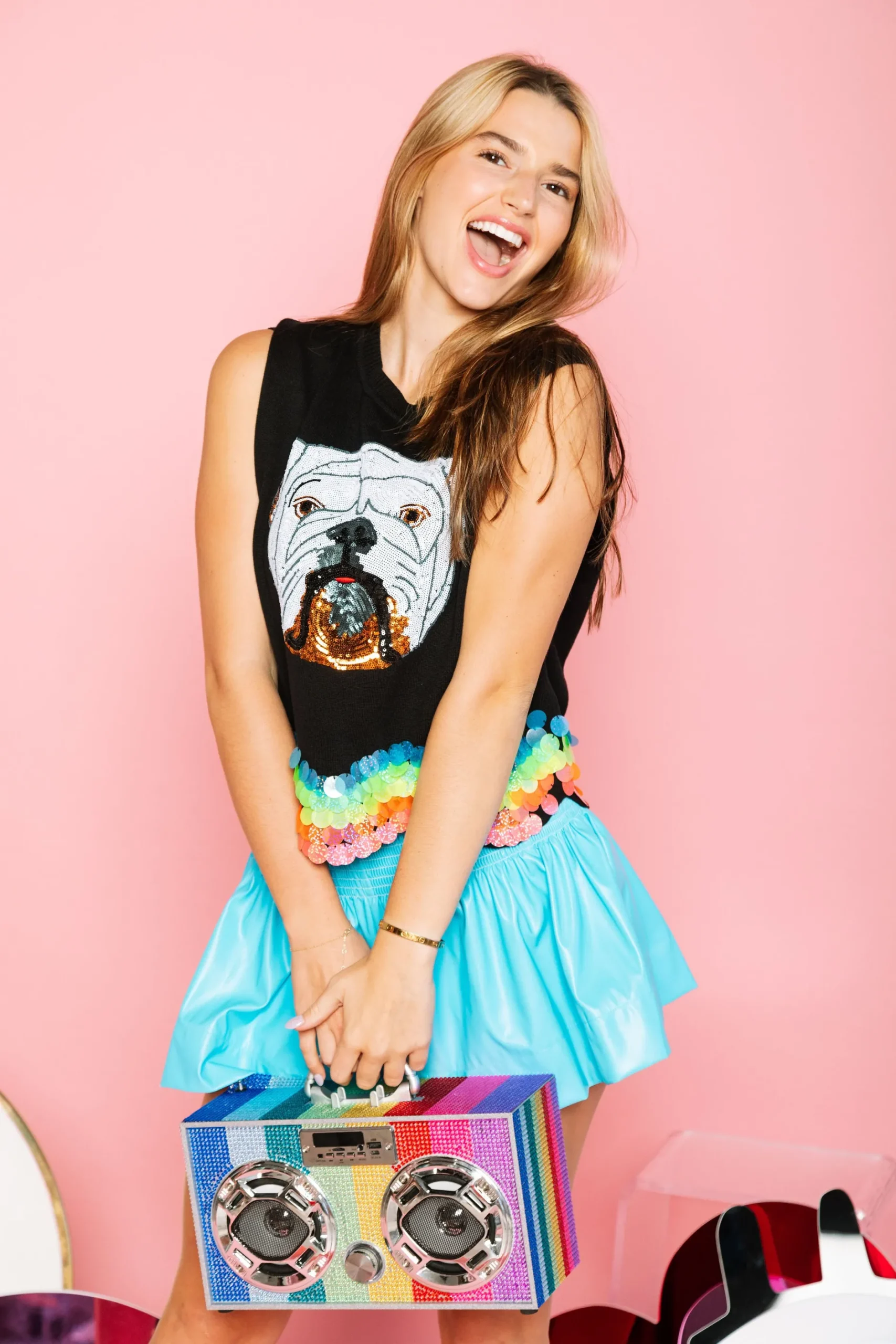 Discount Queen Of Sparkles Black Bulldog Rainbow Wavy Sweater Tank