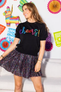 Shop Queen Of Sparkles Black Cheers Glitter Script Short Sleeve Sweater