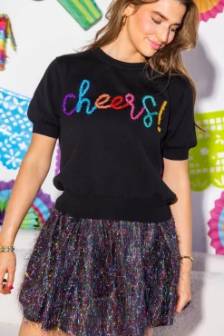Shop Queen Of Sparkles Black Cheers Glitter Script Short Sleeve Sweater