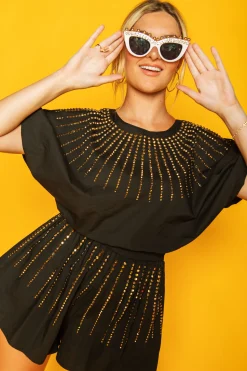 Store Queen Of Sparkles Black Cotton Bubble Top W/ Gold Burst