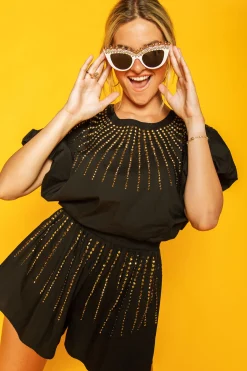 Store Queen Of Sparkles Black Cotton Bubble Top W/ Gold Burst