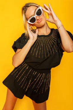 Flash Sale Queen Of Sparkles Black Cotton Bubble Top W/ Gold Burst