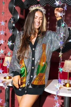 Shop Queen Of Sparkles Black Full Sequin Queen Of Champagne Cardigan Dress Silver