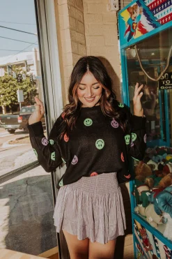 Flash Sale Queen Of Sparkles Black Neon Smiley Sweater