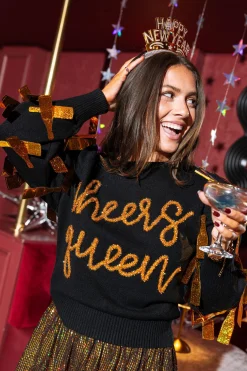 Sale Queen Of Sparkles Black Paillette Cheers Queen Sweater