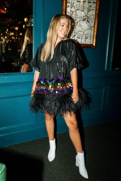 Fashion Queen Of Sparkles Black Sequin Feather Rainbow Paillette Dress