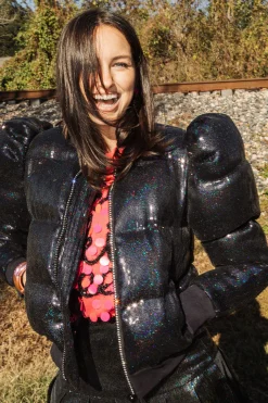 Discount Queen Of Sparkles Black Sequin Poof Puffer Jacket
