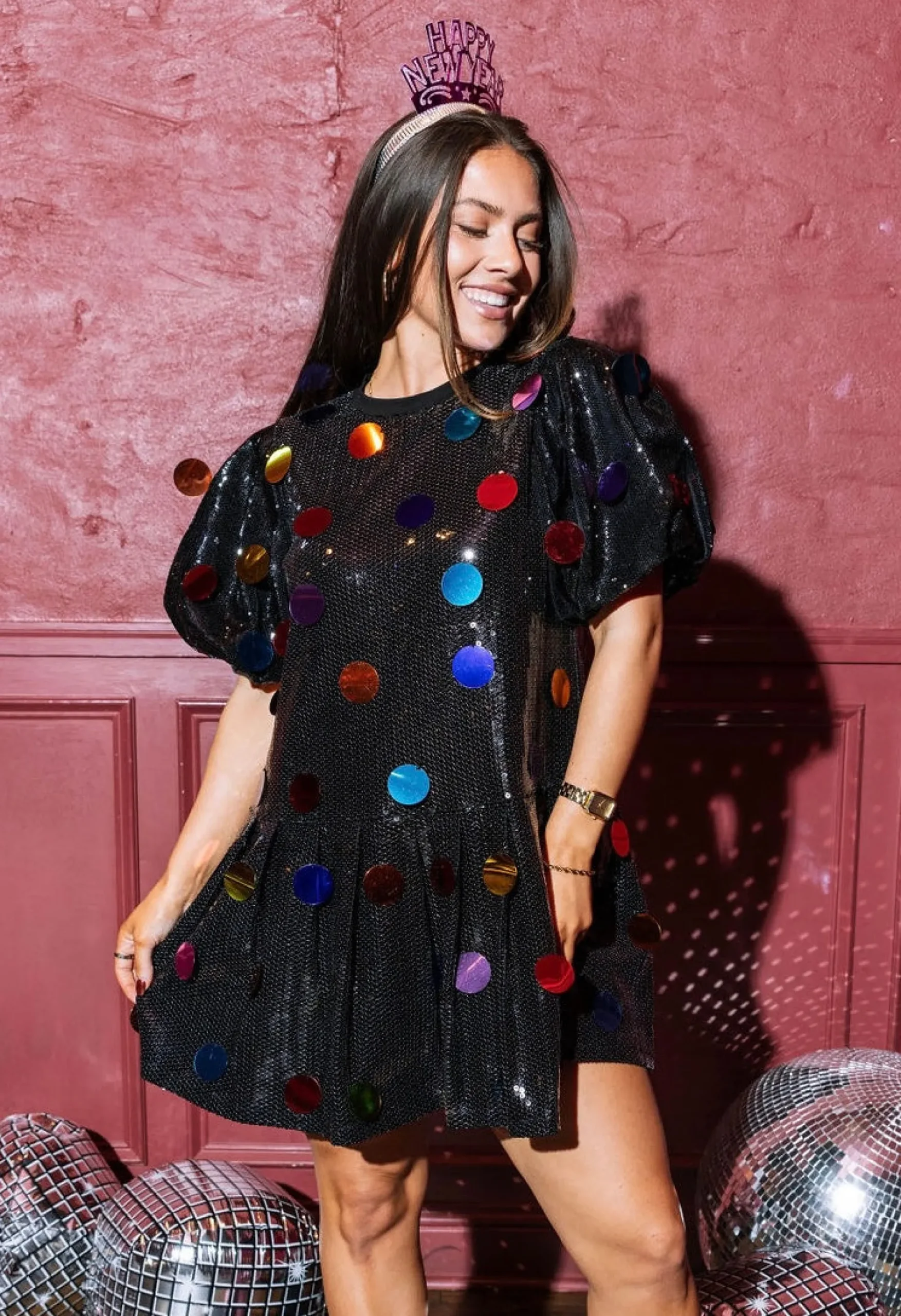 Best Sale Queen Of Sparkles Black Sequin Poof Sleeve Rainbow Paillette Dress