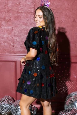 Best Sale Queen Of Sparkles Black Sequin Poof Sleeve Rainbow Paillette Dress