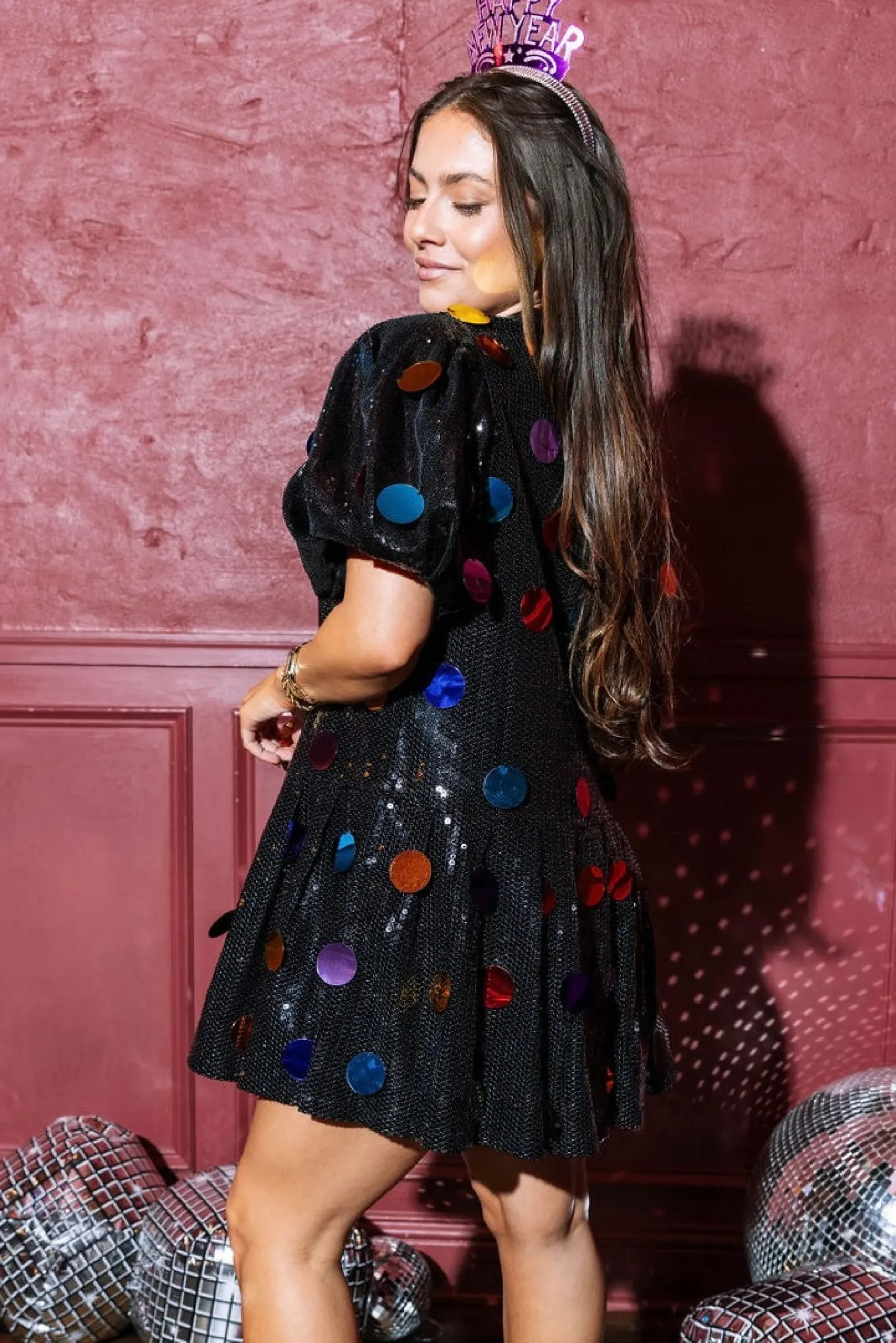 Best Sale Queen Of Sparkles Black Sequin Poof Sleeve Rainbow Paillette Dress