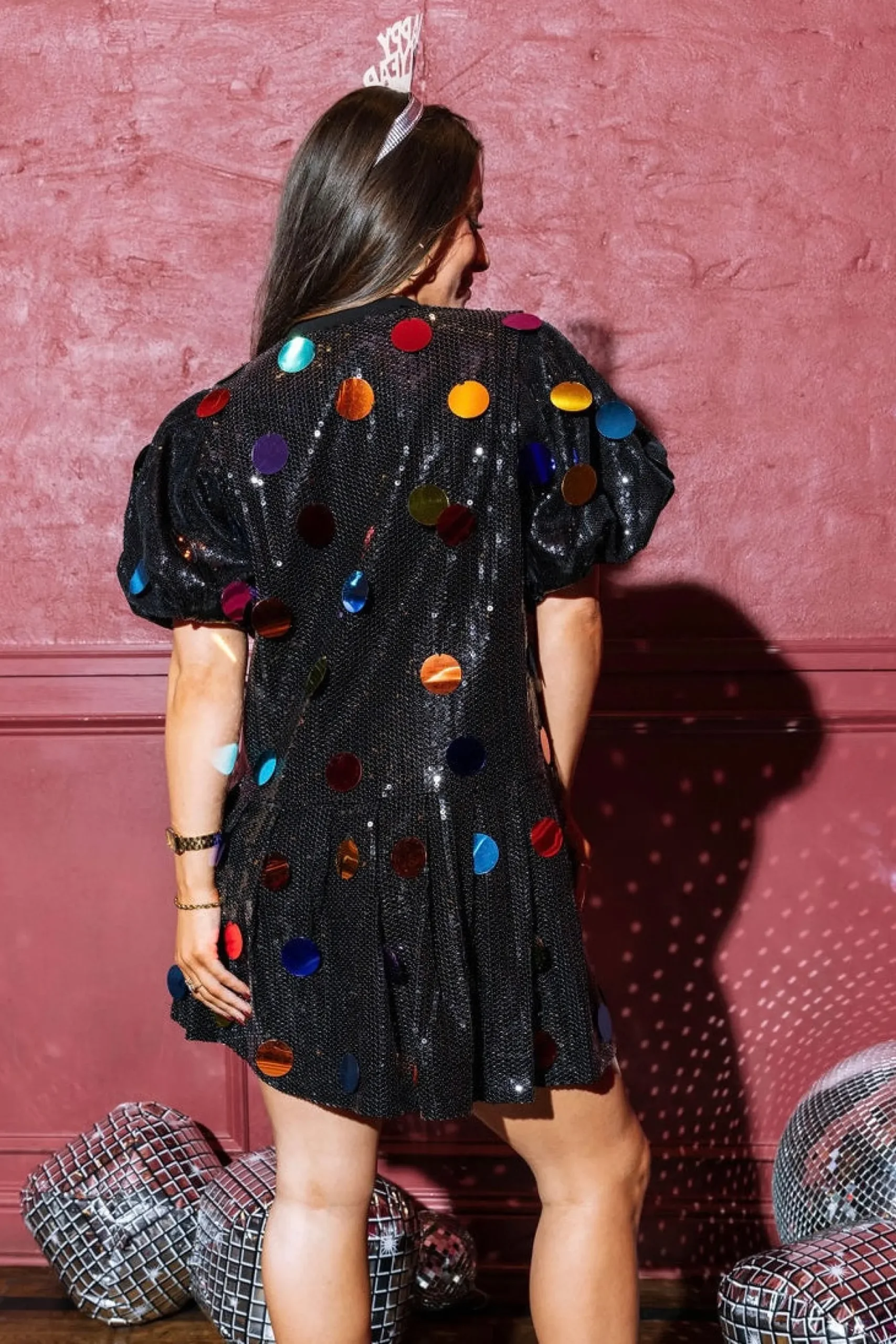 Best Sale Queen Of Sparkles Black Sequin Poof Sleeve Rainbow Paillette Dress