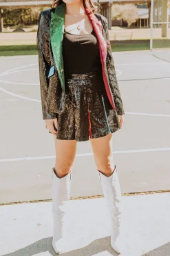 New Queen Of Sparkles Black Sequin Rainbow Pleat Skort