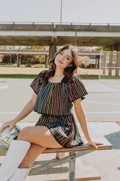 Discount Queen Of Sparkles Black Sequin Rhinestone Stripe Flutter Top