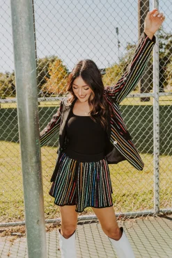Sale Queen Of Sparkles Black Sequin Rhinestone Stripe Swing Shorts