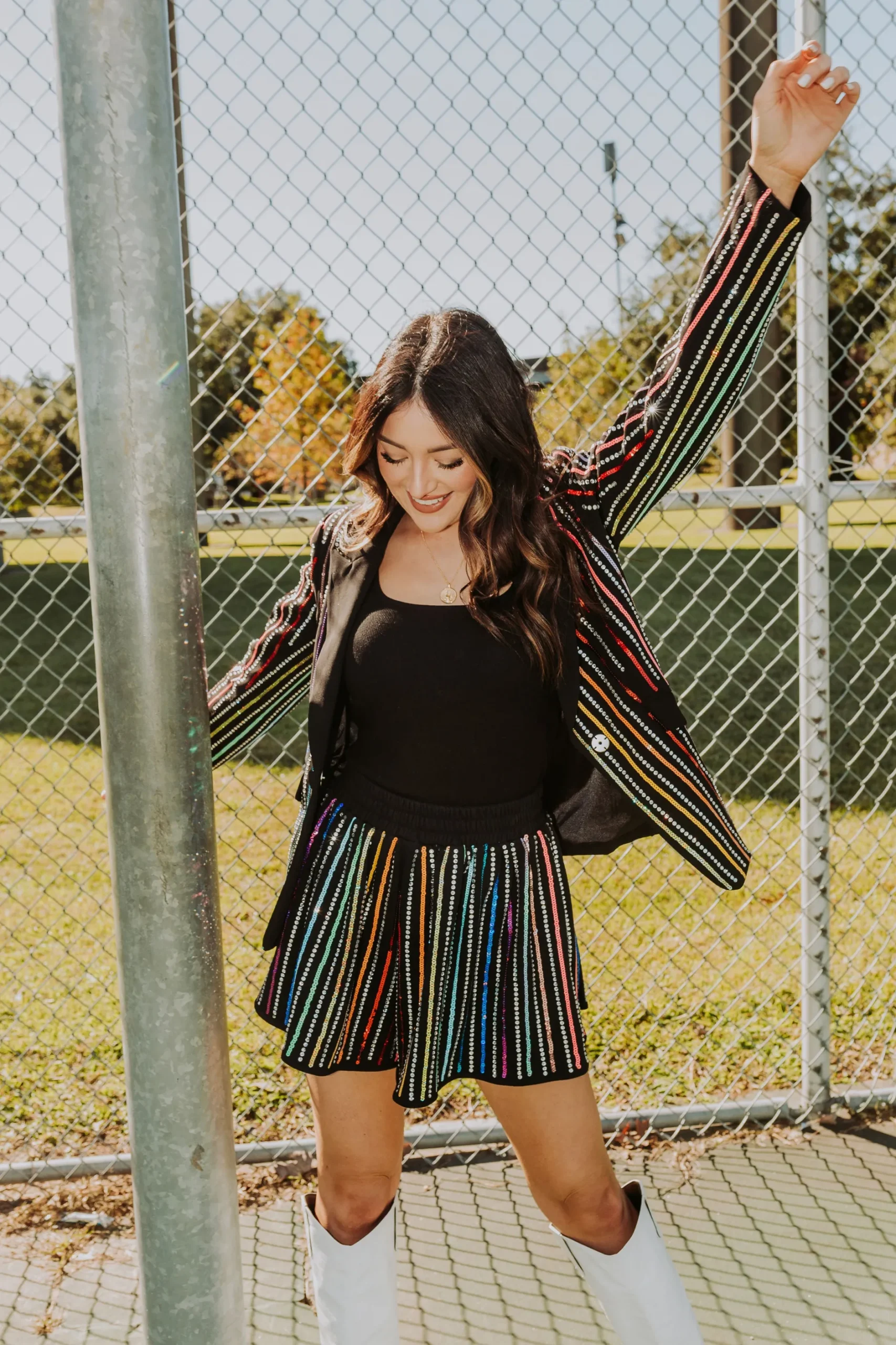 Sale Queen Of Sparkles Black Sequin Rhinestone Stripe Swing Shorts