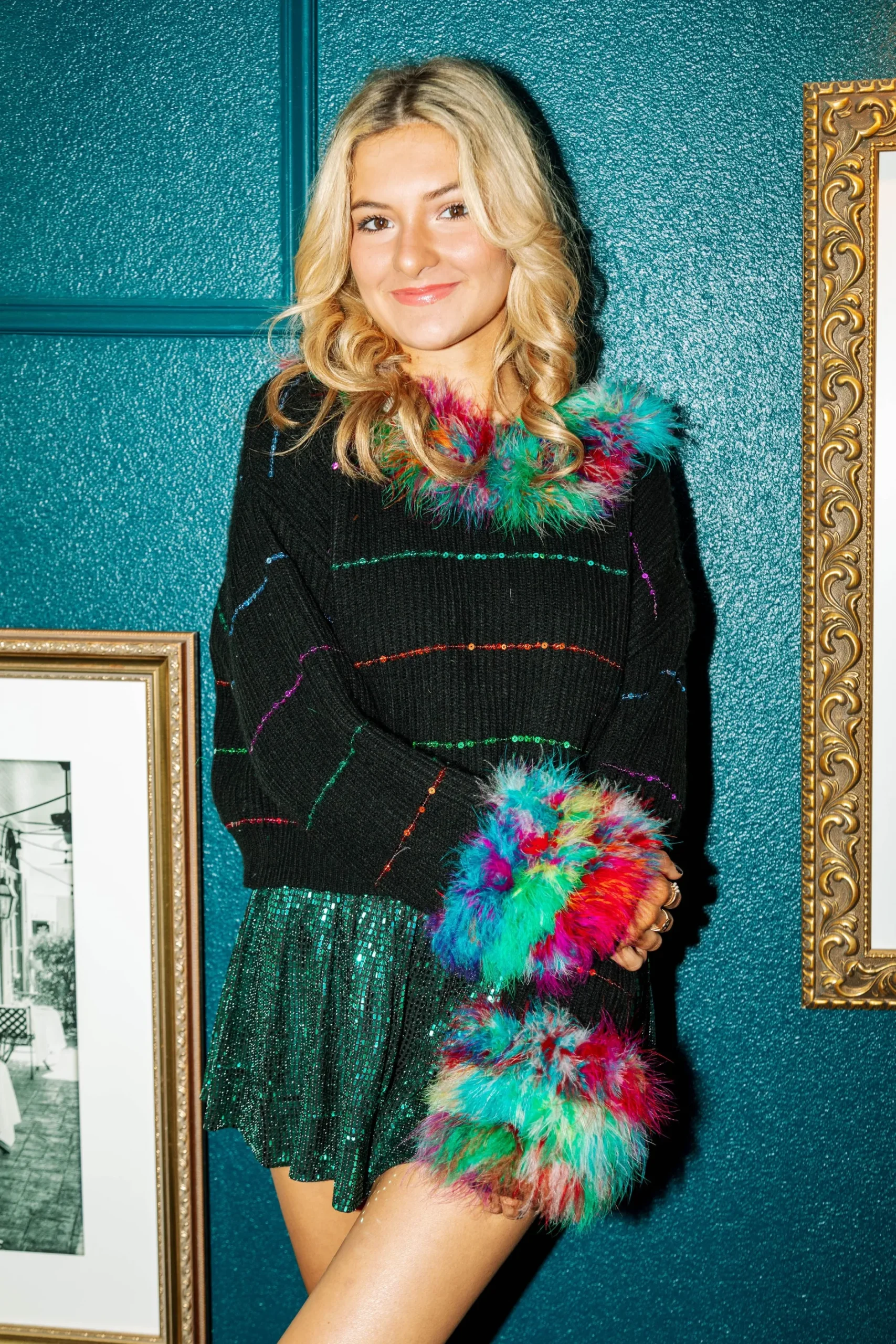 Shop Queen Of Sparkles Black Sequin Stripe Feather Sweater
