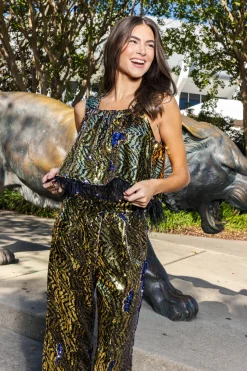 Store Queen Of Sparkles Black Sequin Tiger Feather Tank Gold