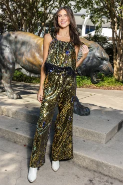 Store Queen Of Sparkles Black Sequin Tiger Feather Tank Gold
