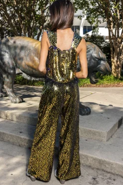 Store Queen Of Sparkles Black Sequin Tiger Feather Tank Gold