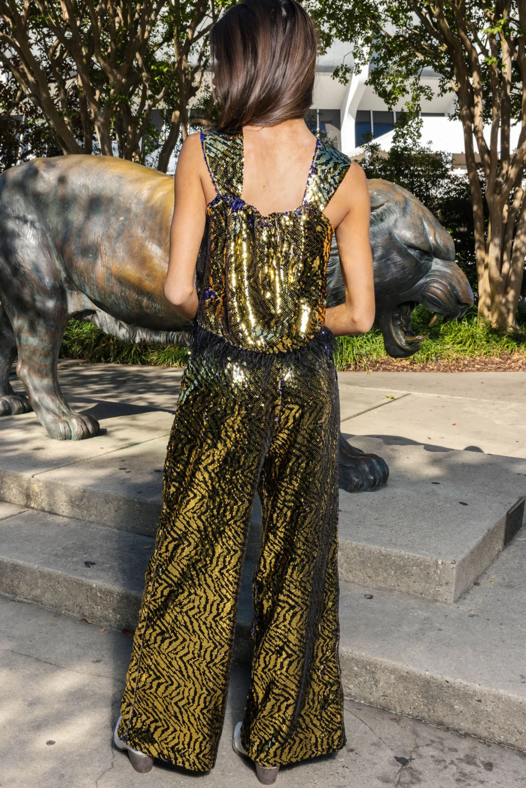 Store Queen Of Sparkles Black Sequin Tiger Feather Tank Gold