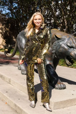 Outlet Queen Of Sparkles Black Sequin Tiger Oversized Blazer Gold