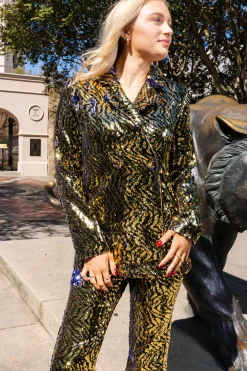 Outlet Queen Of Sparkles Black Sequin Tiger Oversized Blazer Gold