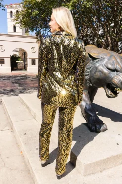 Outlet Queen Of Sparkles Black Sequin Tiger Oversized Blazer Gold