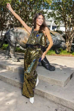 Cheap Queen Of Sparkles Black Sequin Tiger Pant Gold