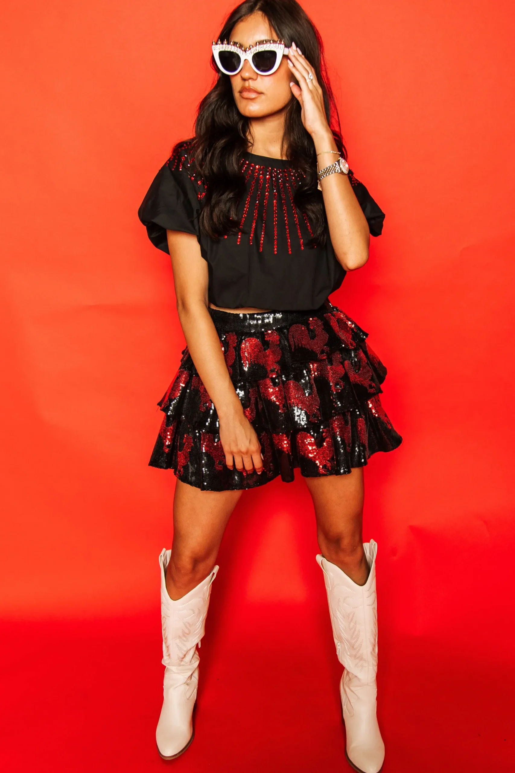 Discount Queen Of Sparkles Black Tiered Sequin Skirt With Chickens