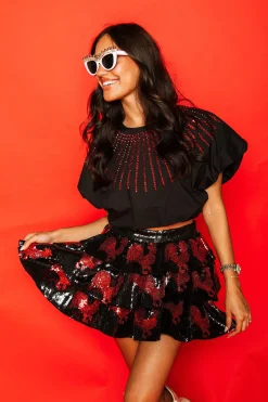 Discount Queen Of Sparkles Black Tiered Sequin Skirt With Chickens