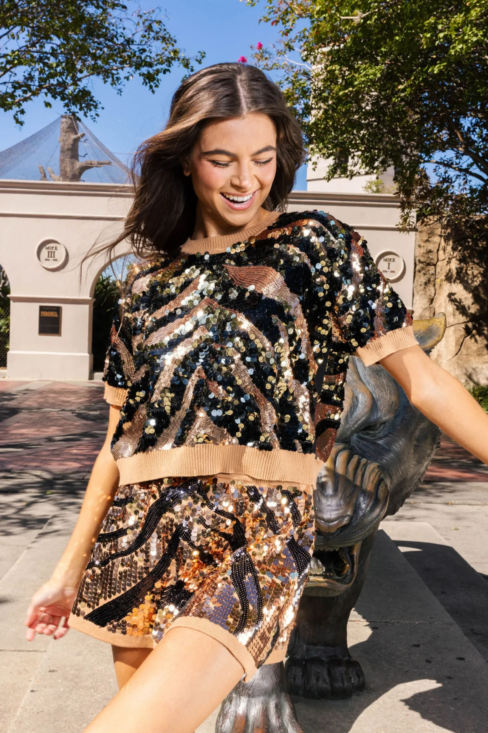 Best Queen Of Sparkles Black Tiger Full Sequin Skirt Tan