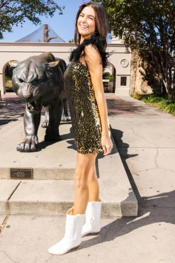 Shop Queen Of Sparkles Black Tiger Sequin Feather Tank Dress Gold