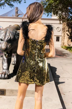 Shop Queen Of Sparkles Black Tiger Sequin Feather Tank Dress Gold