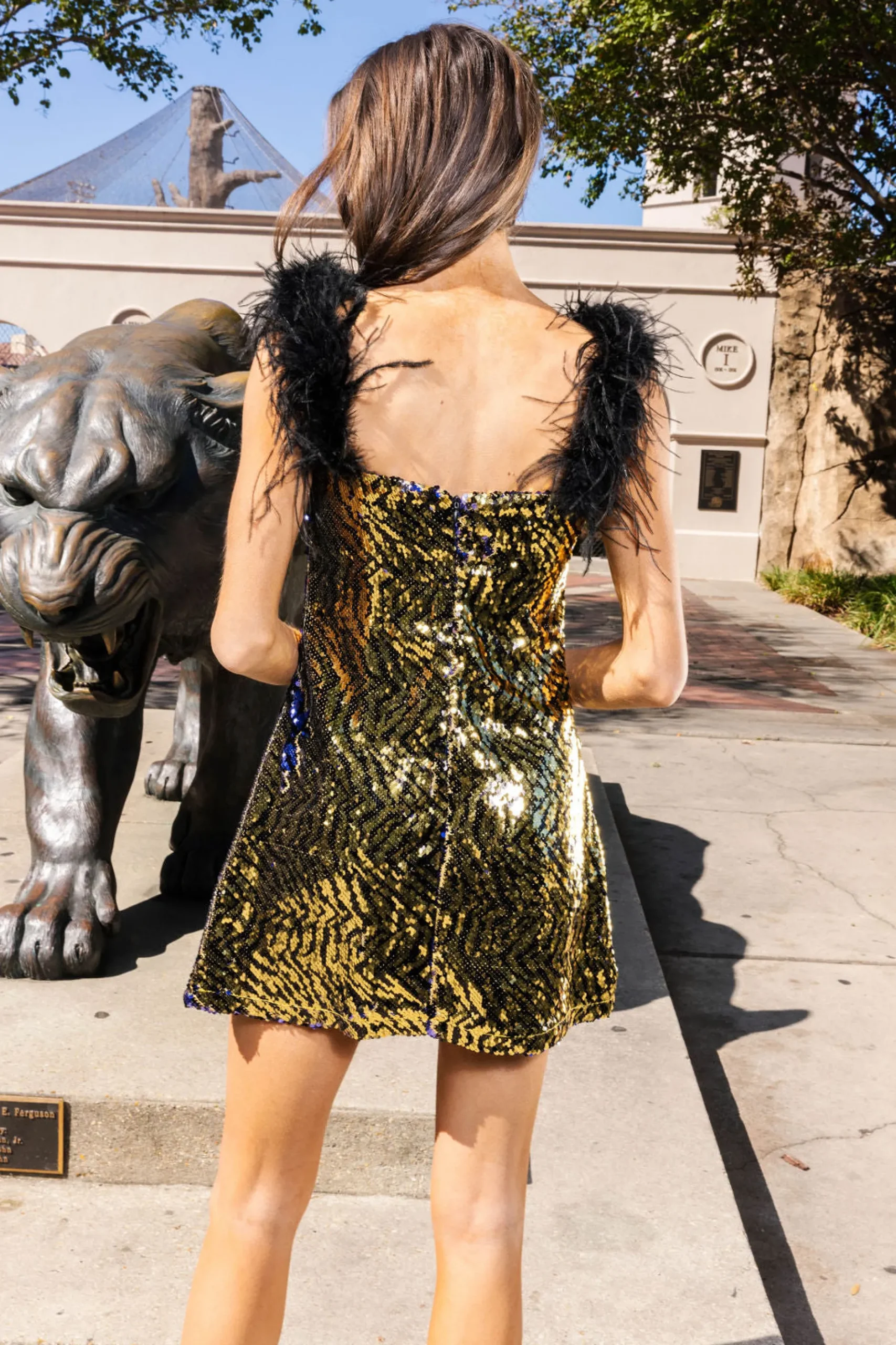 Shop Queen Of Sparkles Black Tiger Sequin Feather Tank Dress Gold